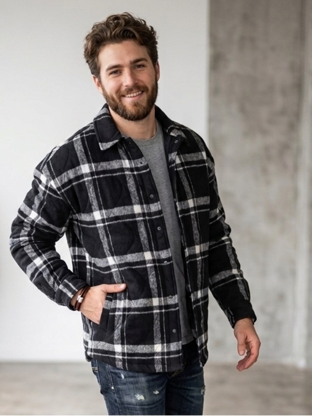 MAISON ARTICLE Quilted Plaid Overshirt - Black & White, NWT, Large